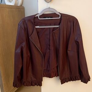 DO+BE Ruffled Hem Leather Moto Jacket in Brown
